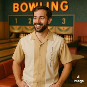 Harrington Retro Bowling Shirt Beige Cream Colorblock Atomic Design‎ Men's L